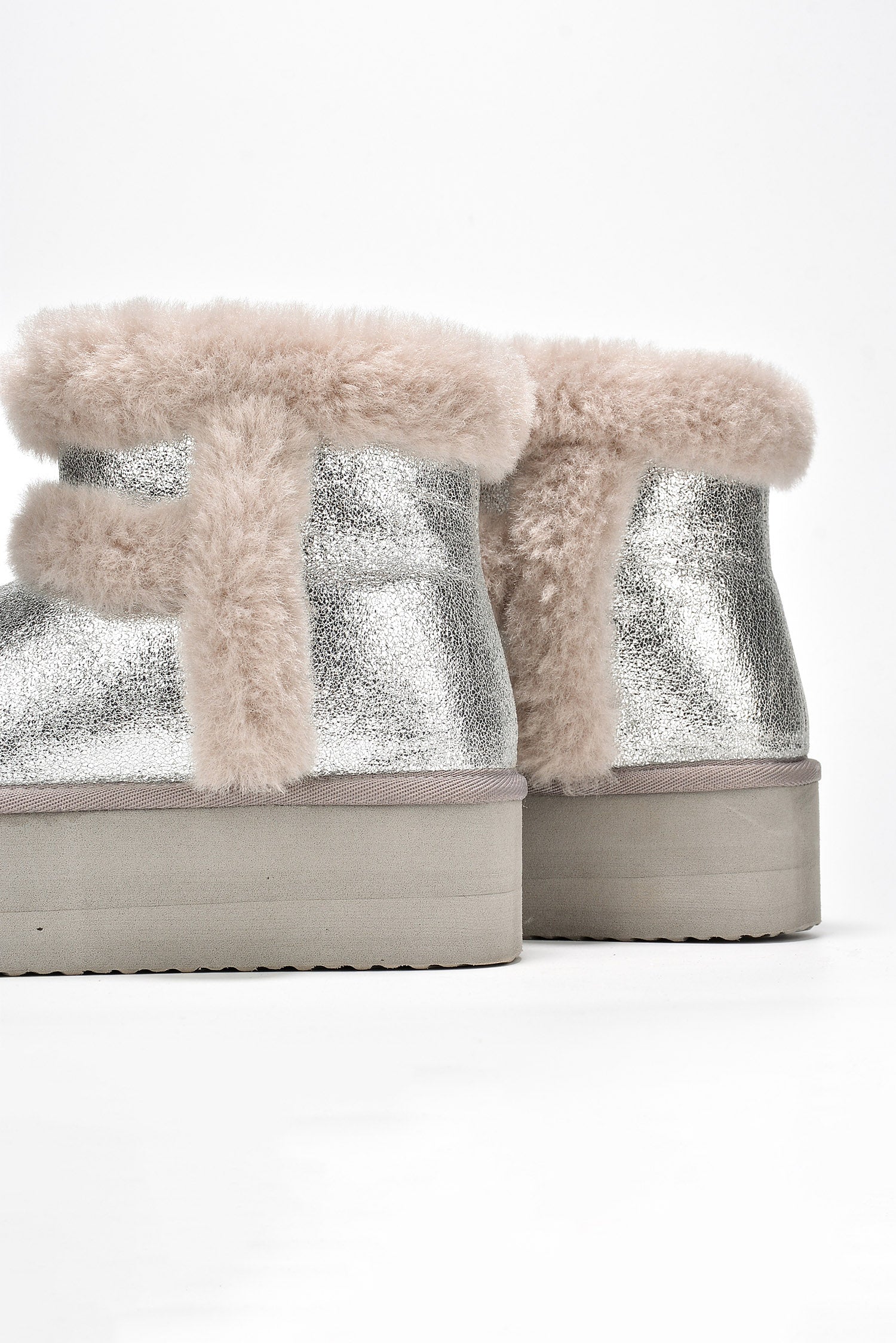 Glimmer Faux Fur Trim Metallic Platform Ankle Boots
