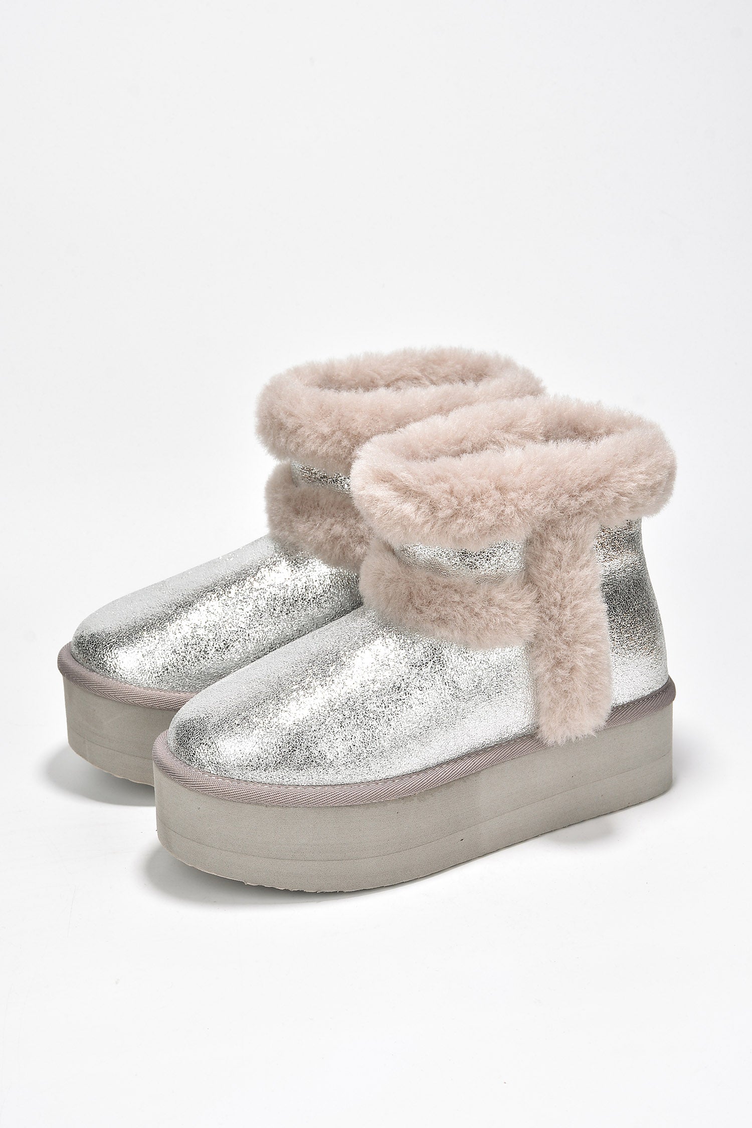 Glimmer Faux Fur Trim Metallic Platform Ankle Boots
