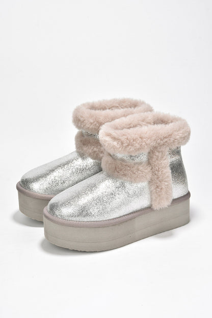 Glimmer Faux Fur Trim Metallic Platform Ankle Boots