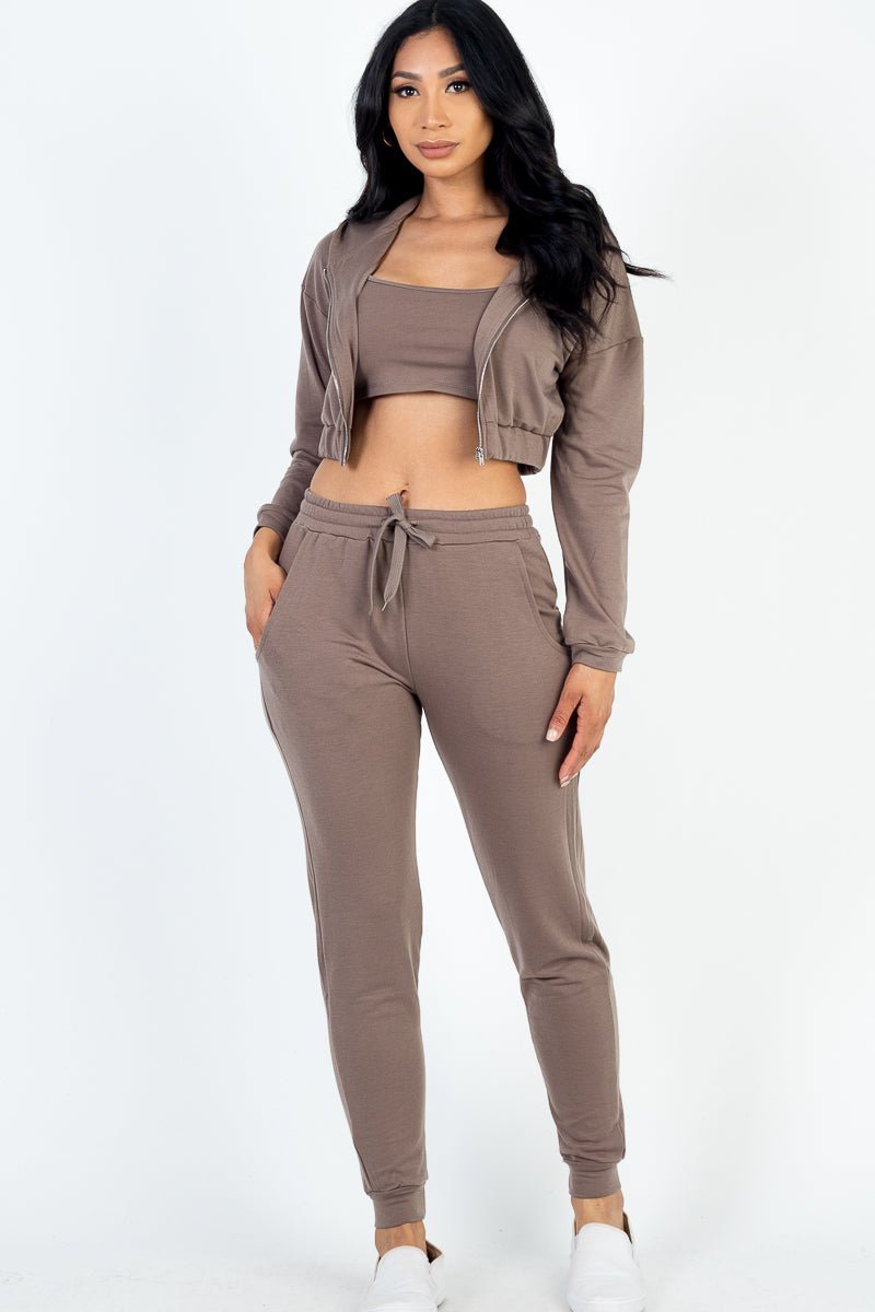Casual Basics Cropped Jacket, Cami & Joggers Lounge Set - ShopRbls