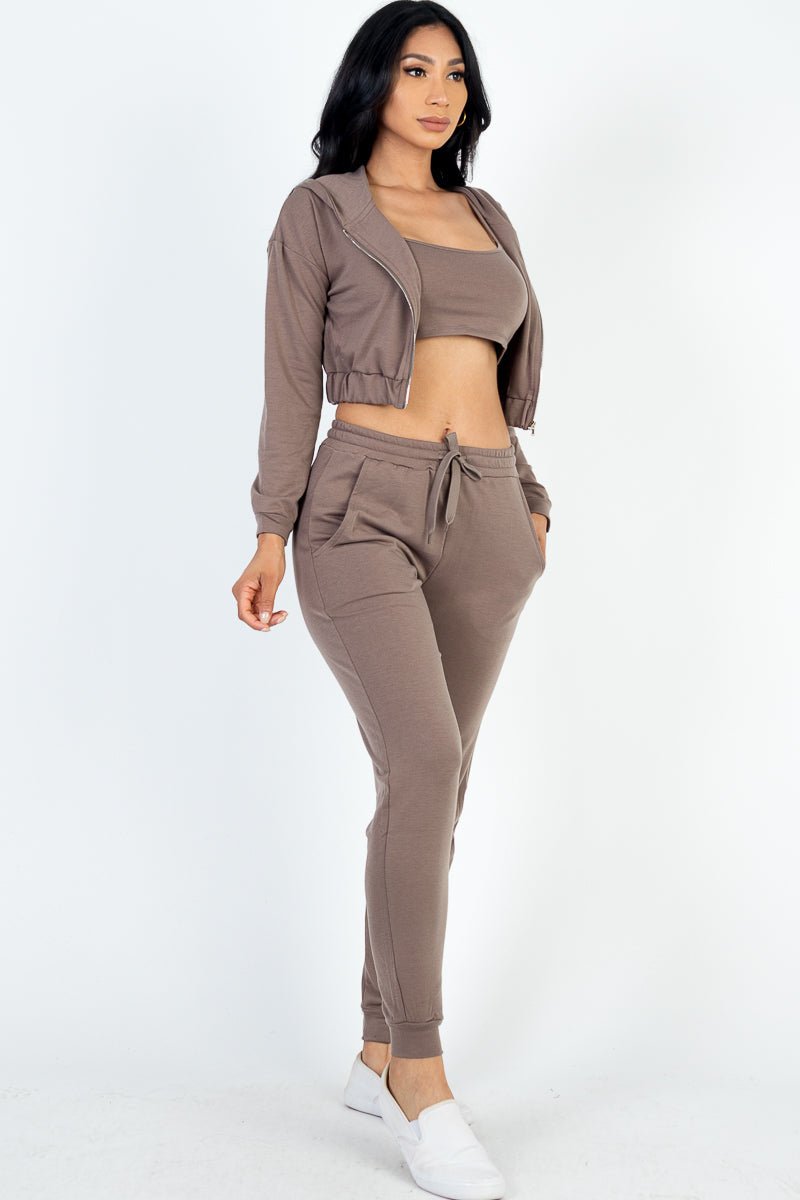 Casual Basics Cropped Jacket, Cami & Joggers Lounge Set - ShopRbls