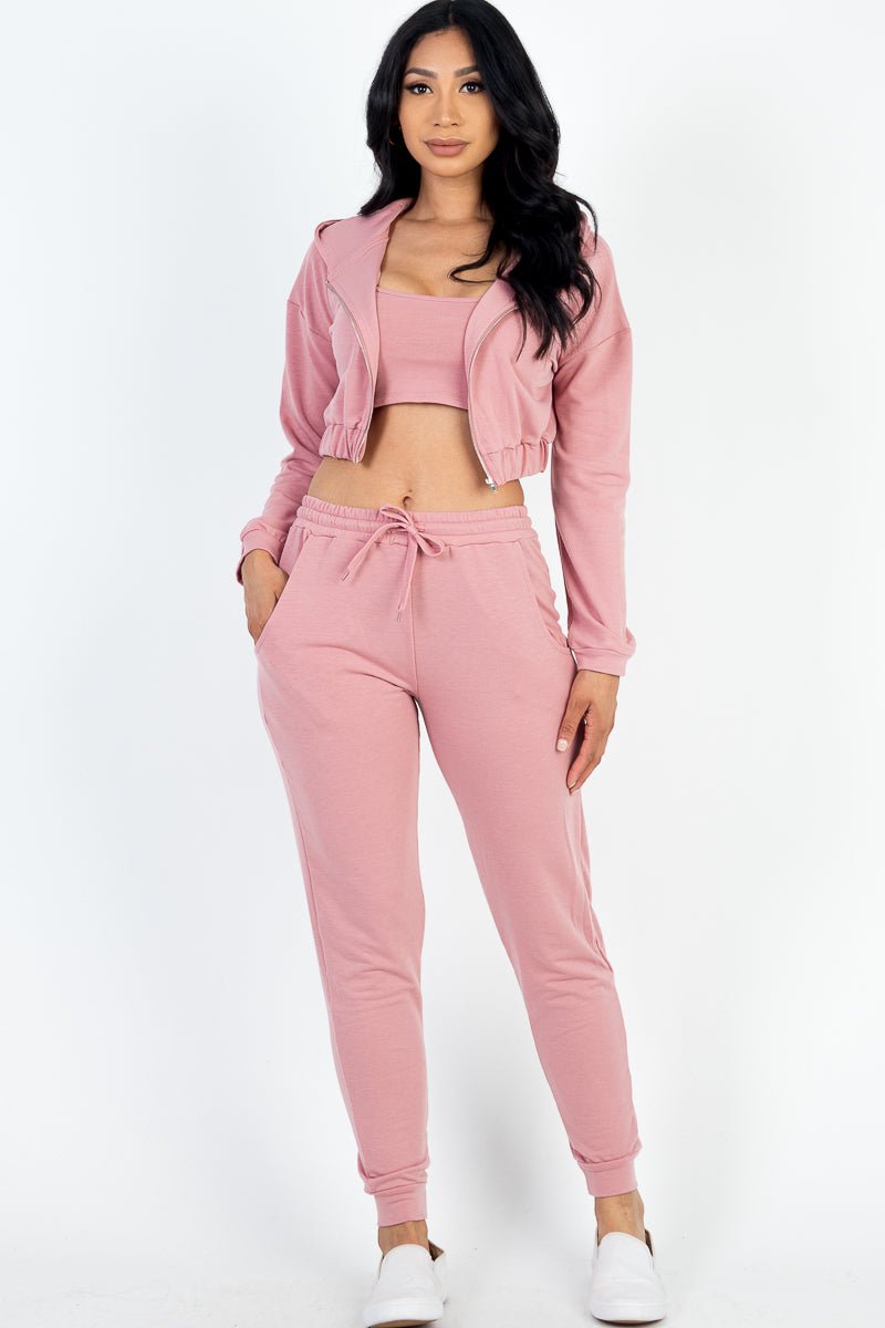 Casual Basics Cropped Jacket, Cami &amp; Joggers Lounge Set - ShopRbls