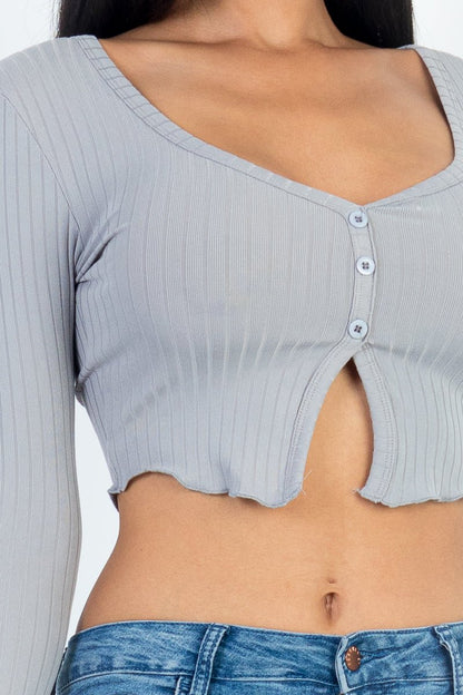 Casual Basics Ribbed Button Front Split Long Sleeve Crop Top - ShopRbls