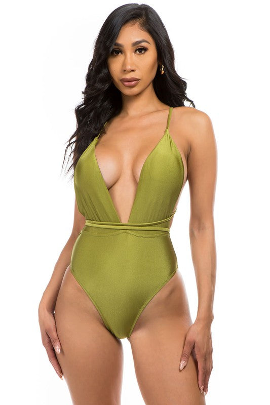 Linda Plunge Neck Waist Detail One Piece Swimsuit