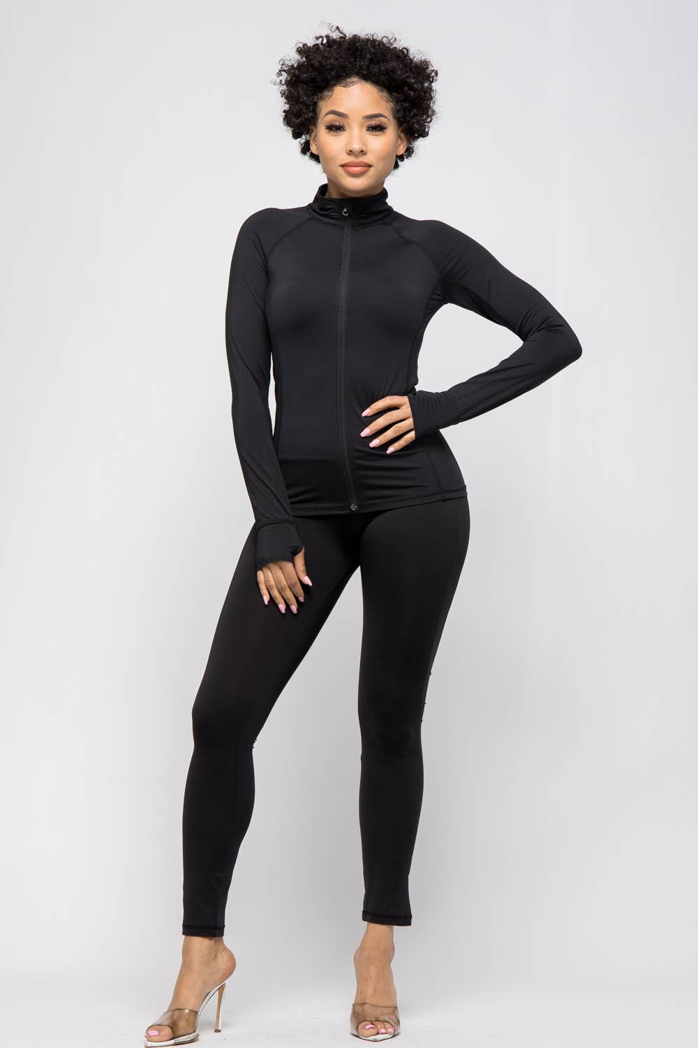 Comfy Peach Front Zipper Open Thumb Jacket And Leggings Set