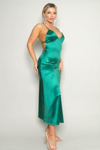 Karine Deep V Neck Halter Satin Slip Dress