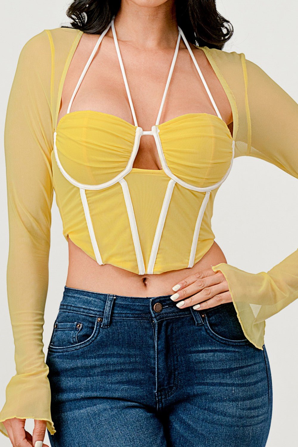 Cecilia Long Sleeve Contrast Binding Mesh Corset Top - ShopRbls