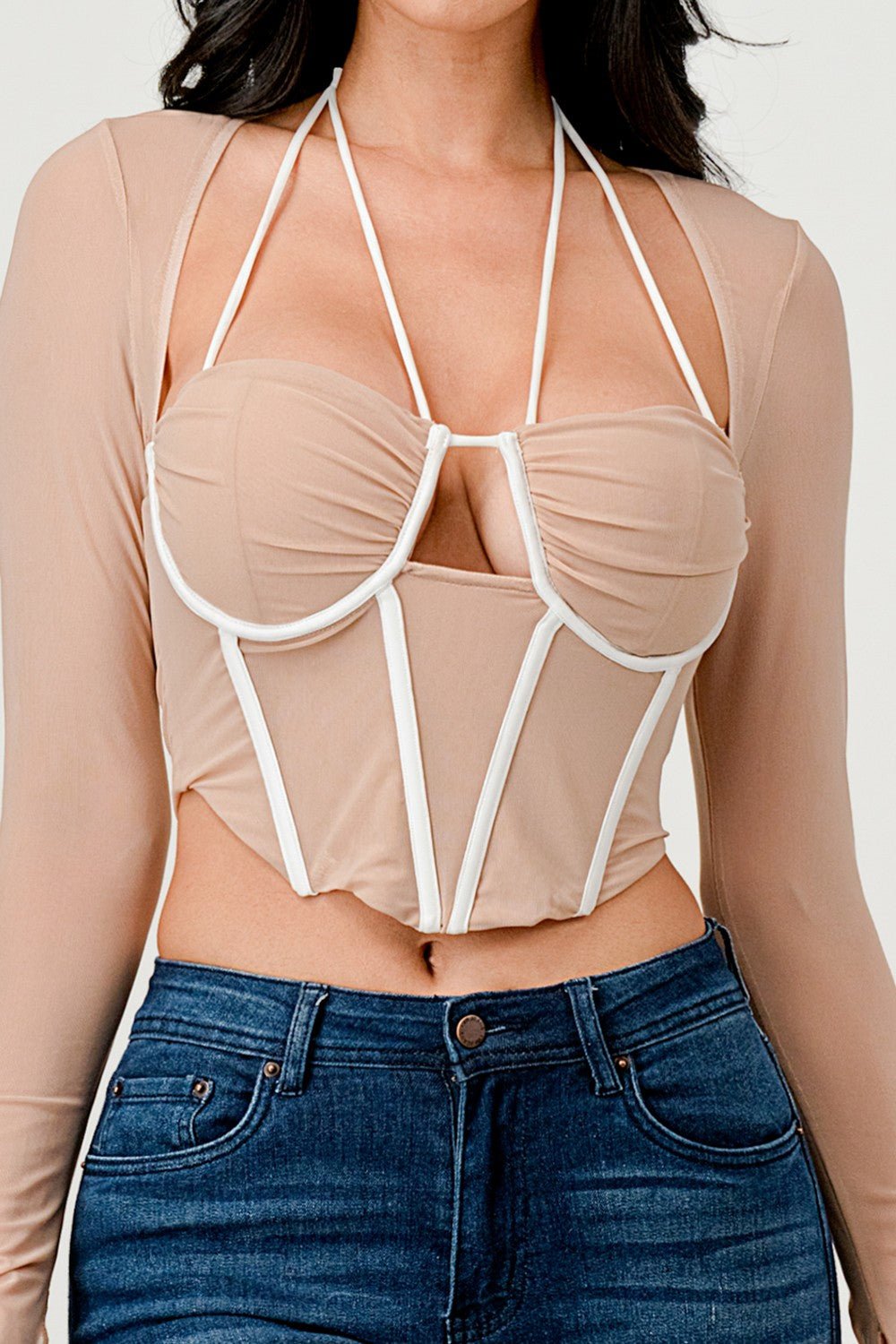 Cecilia Long Sleeve Contrast Binding Mesh Corset Top - ShopRbls
