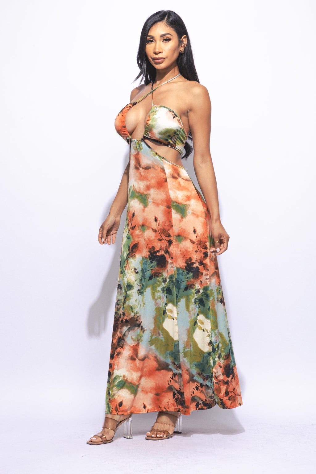 Nara Halter Neck Tropical Print Slit Front Maxi Dress