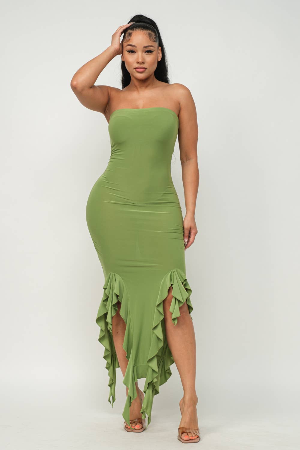 Charmed Strapless Ruffle Trim Bodycon Midi Dress - ShopRbls