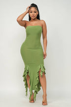 Charmed Strapless Ruffle Trim Bodycon Midi Dress - ShopRbls