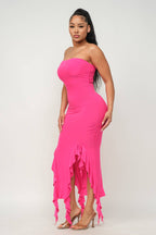 Charmed Strapless Ruffle Trim Bodycon Midi Dress - ShopRbls