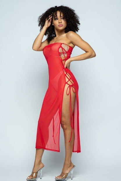 Copa Cabana Strapless Cover Up Mesh Midi Dress - ShopRbls