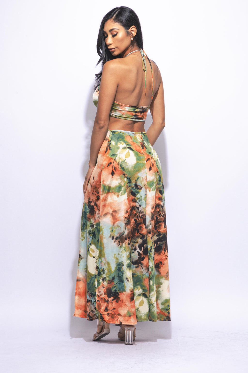 Nara Halter Neck Tropical Print Slit Front Maxi Dress