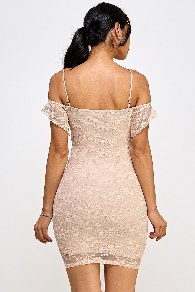 Thalia Off Shoulder Ruffle Lace Mini Dress