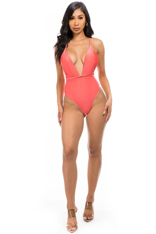 Linda Plunge Neck Waist Detail One Piece Swimsuit