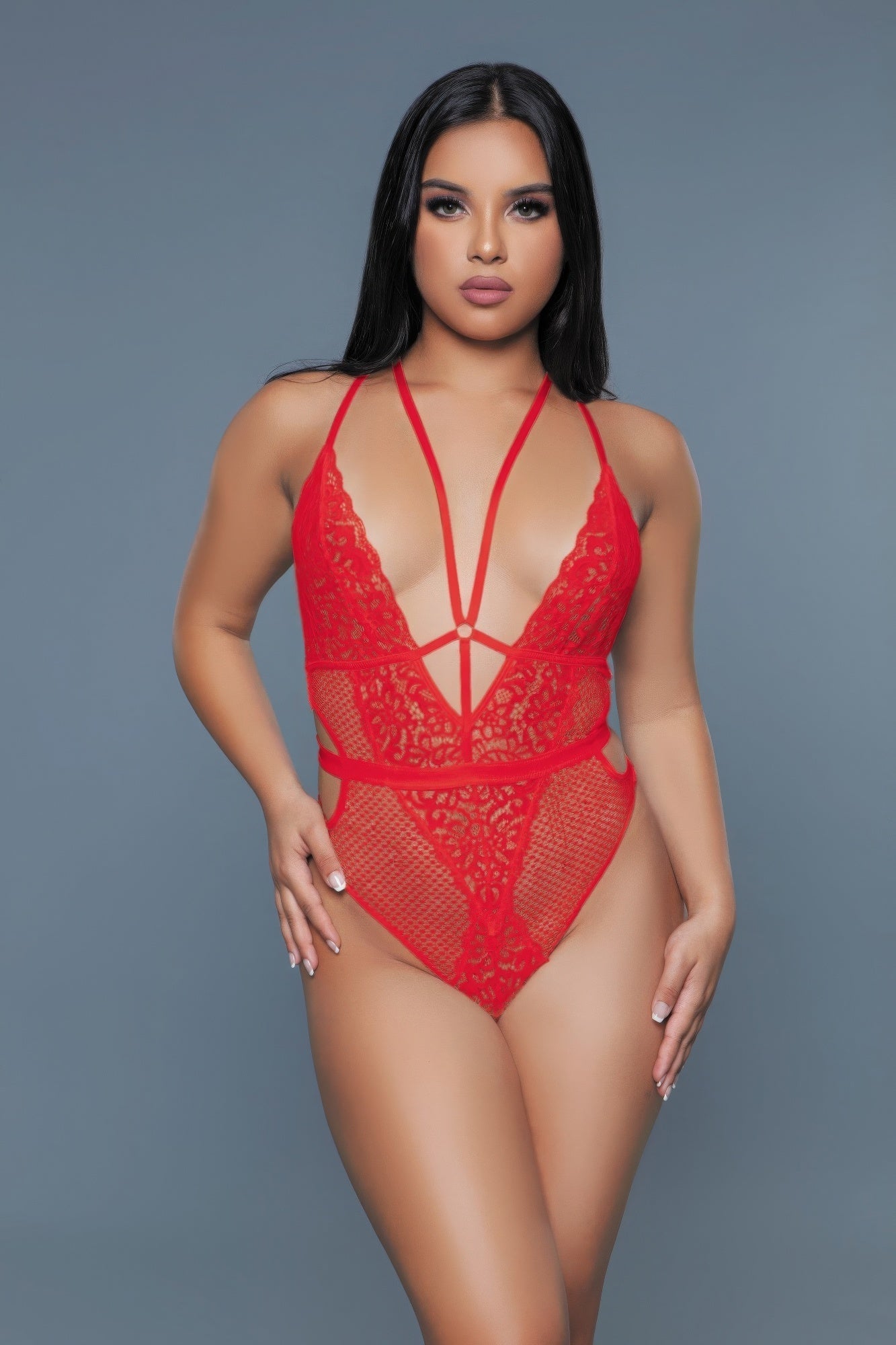 Desire Strappy Lace &amp; Mesh Bodysuit Teddy - ShopRbls