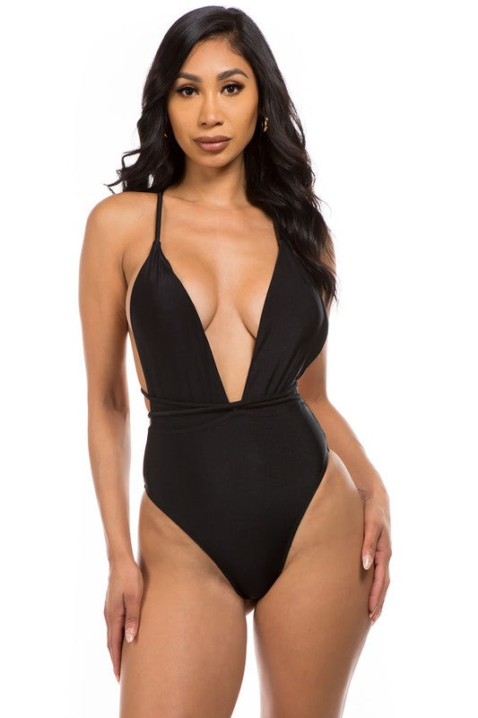 Linda Plunge Neck Waist Detail One Piece Swimsuit