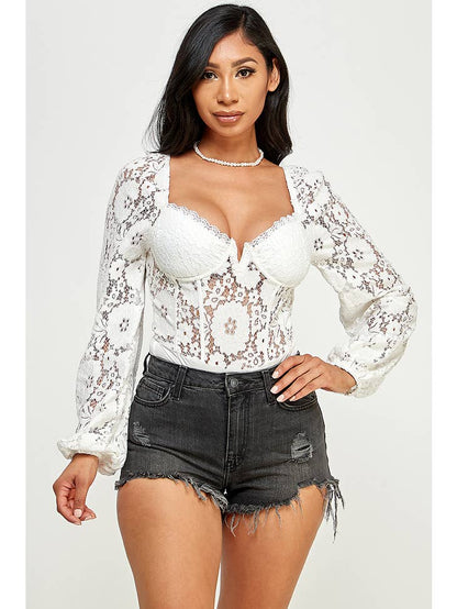 Georgia Lace Sweetheart Neck Long Sleeves Bodysuit