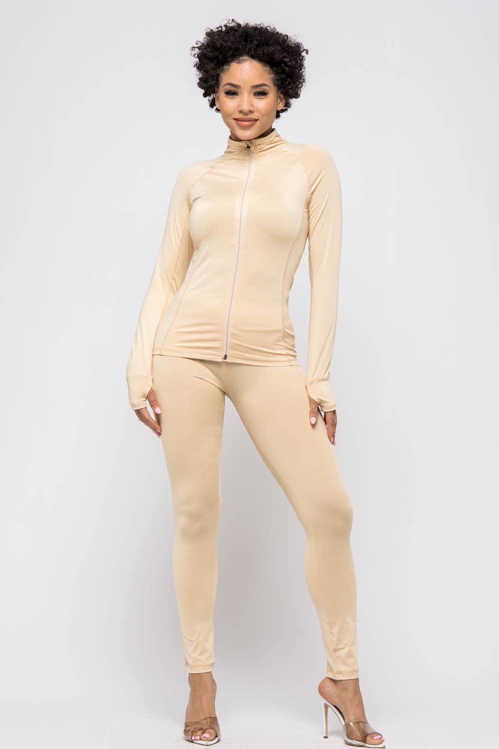 Comfy Peach Front Zipper Open Thumb Jacket And Leggings Set