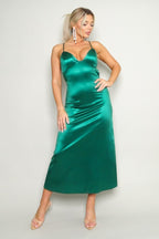 Karine Deep V Neck Halter Satin Slip Dress