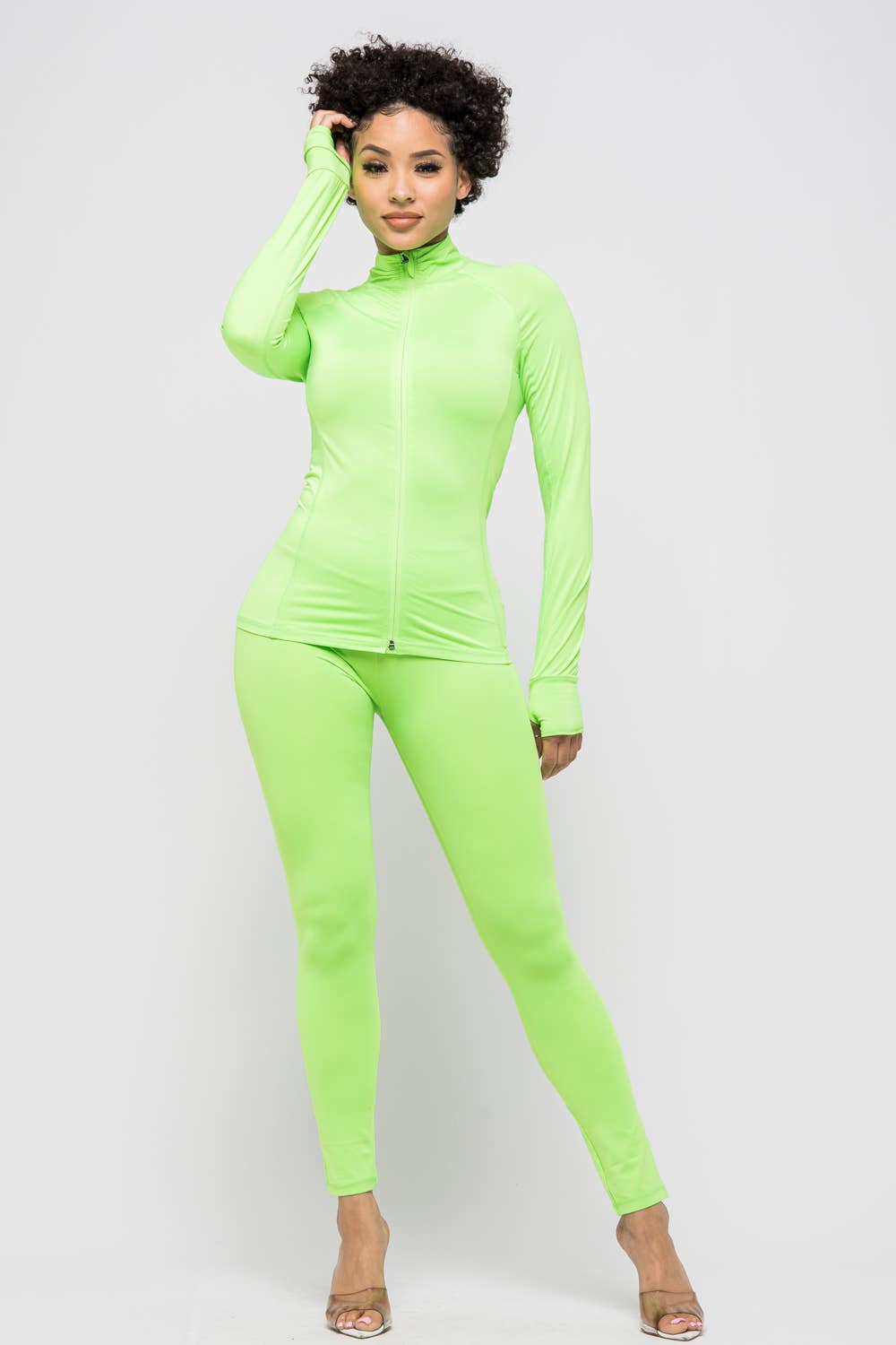 Comfy Peach Front Zipper Open Thumb Jacket And Leggings Set
