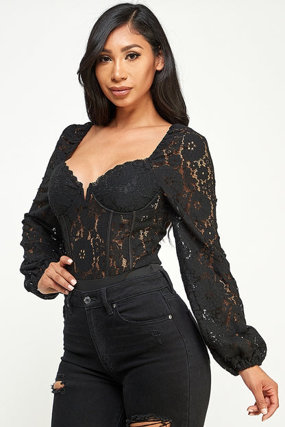 Georgia Lace Sweetheart Neck Long Sleeves Bodysuit