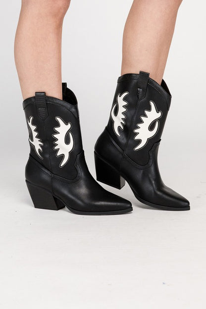 Gia Contrast Detail Western Mid Calf Cowboy Boots