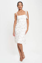 Enaya Square Neck Floral Lace Print Mesh Midi Dress