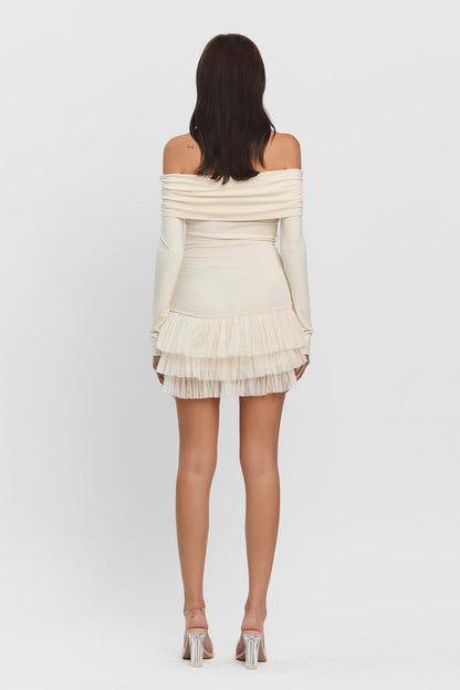 Cynthia Foldover Long Sleeve Flounce Ruffle Hem Mini Dress