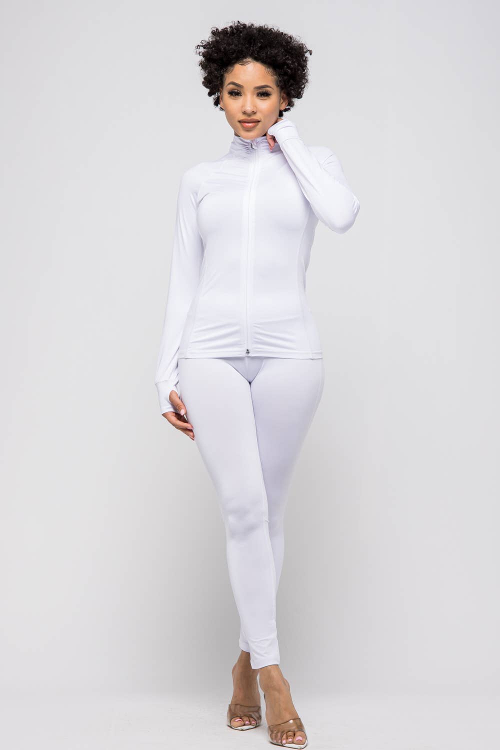 Comfy Peach Front Zipper Open Thumb Jacket And Leggings Set