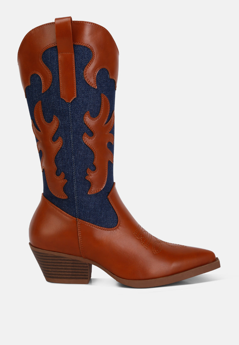 Fallon Western Embroidered Patchwork Mid Calf Cowboy Boots