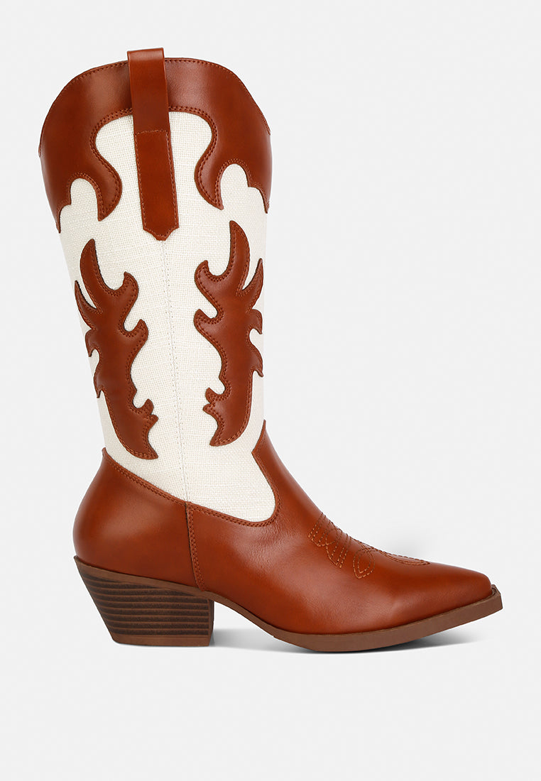 Fallon Western Embroidered Patchwork Mid Calf Cowboy Boots