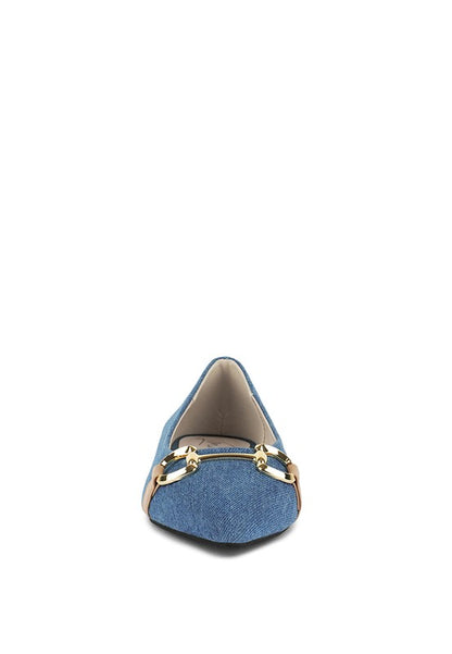 Cressida Gold Horsebit Detail Denim Ballet Flats