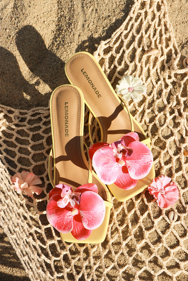 Caribana Flower Butterfly Detail Square Toe High Heel Mules