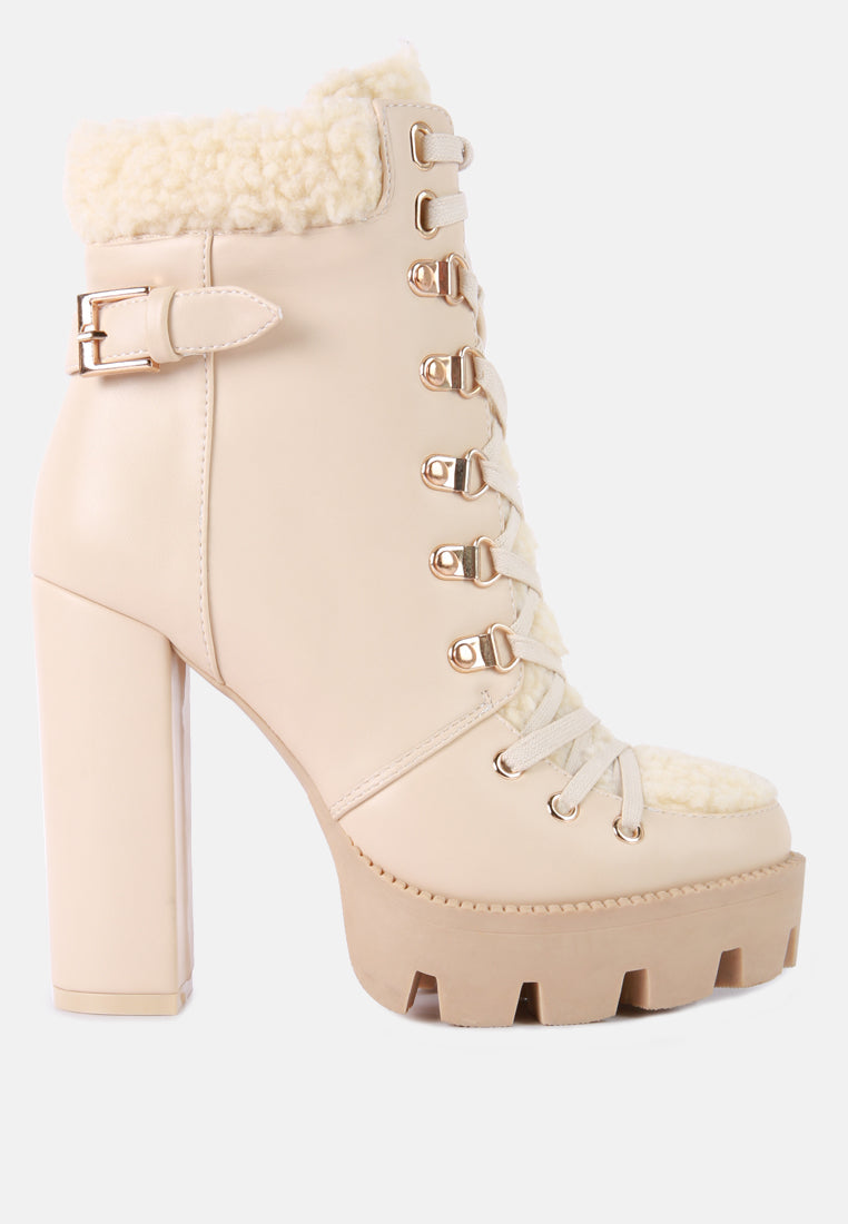 Patricia Lug Sole Fur Lined Lace Up High Heel Ankle Boots