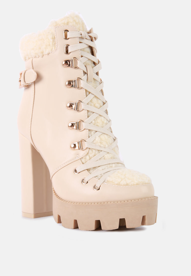 Patricia Lug Sole Fur Lined Lace Up High Heel Ankle Boots