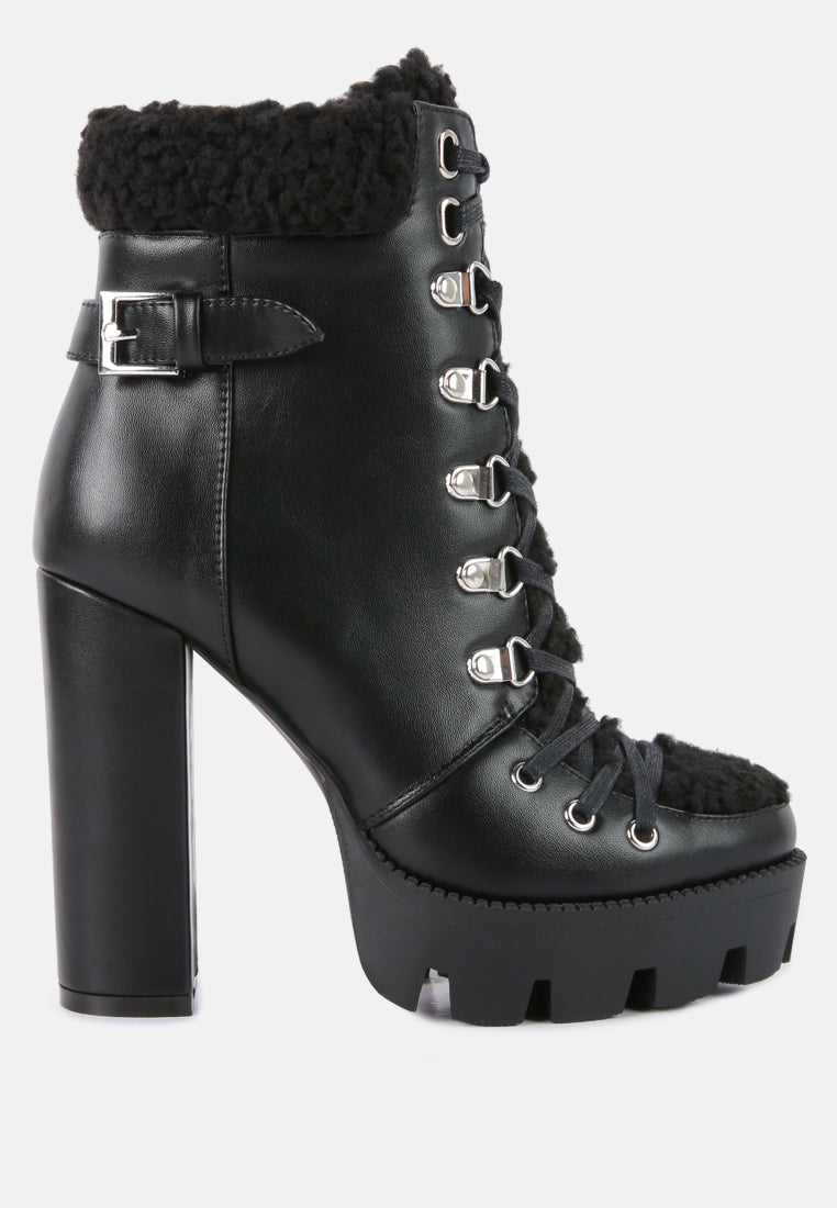 Patricia Lug Sole Fur Lined Lace Up High Heel Ankle Boots