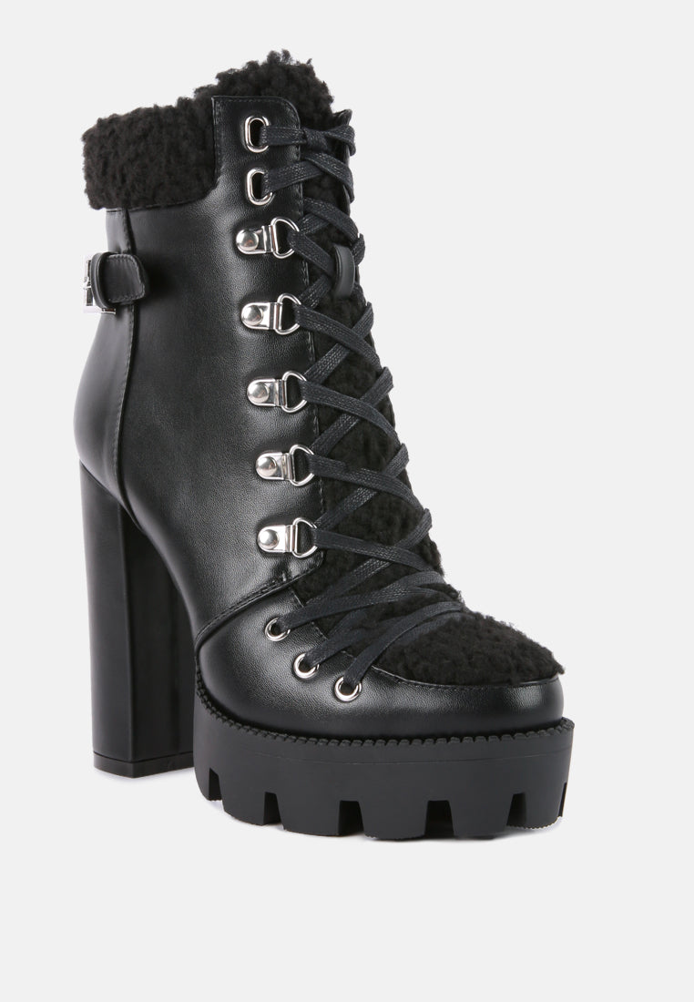 Patricia Lug Sole Fur Lined Lace Up High Heel Ankle Boots