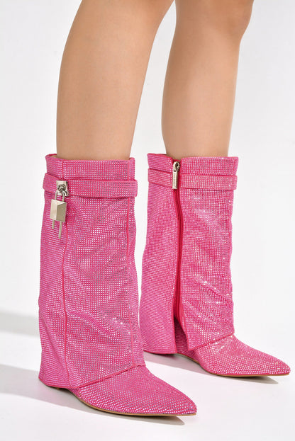 Lights On Rhinestones Studded Fold Over Mid Calf Boots