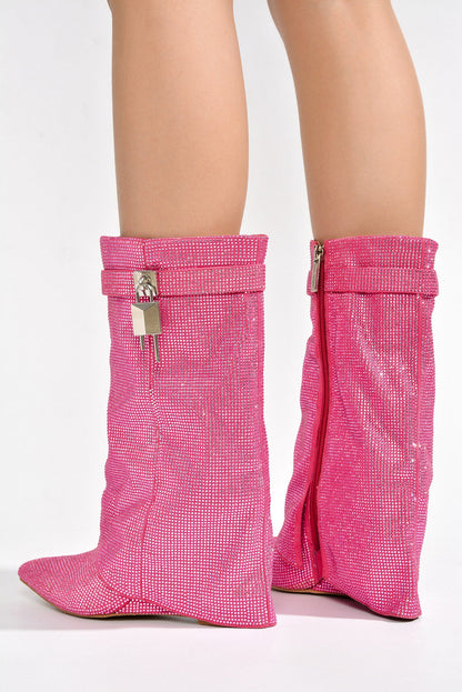 Lights On Rhinestones Studded Fold Over Mid Calf Boots