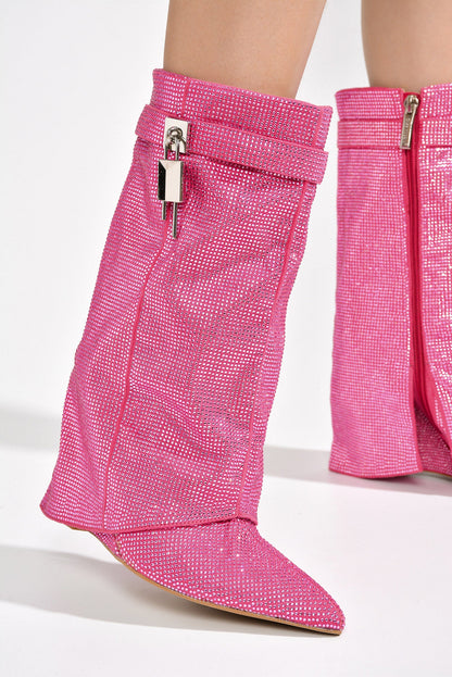 Lights On Rhinestones Studded Fold Over Mid Calf Boots