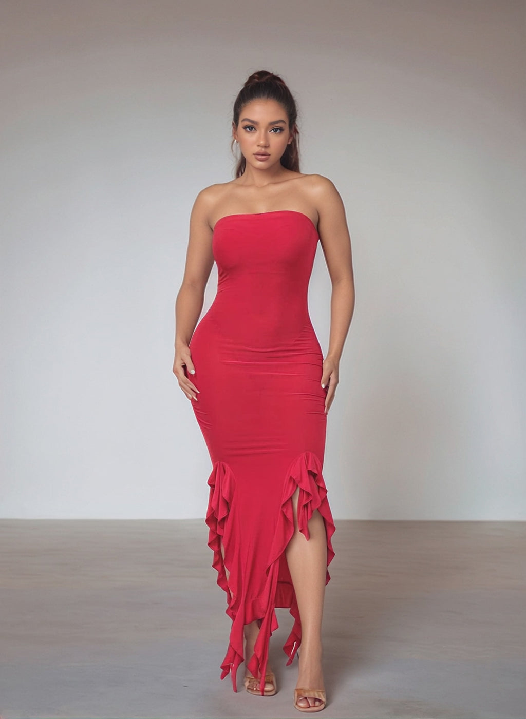 Charmed Slinky Strapless Bandeau Ruffle Hem Bodycon Midi Dress