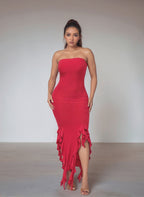 Charmed Slinky Strapless Bandeau Ruffle Hem Bodycon Midi Dress