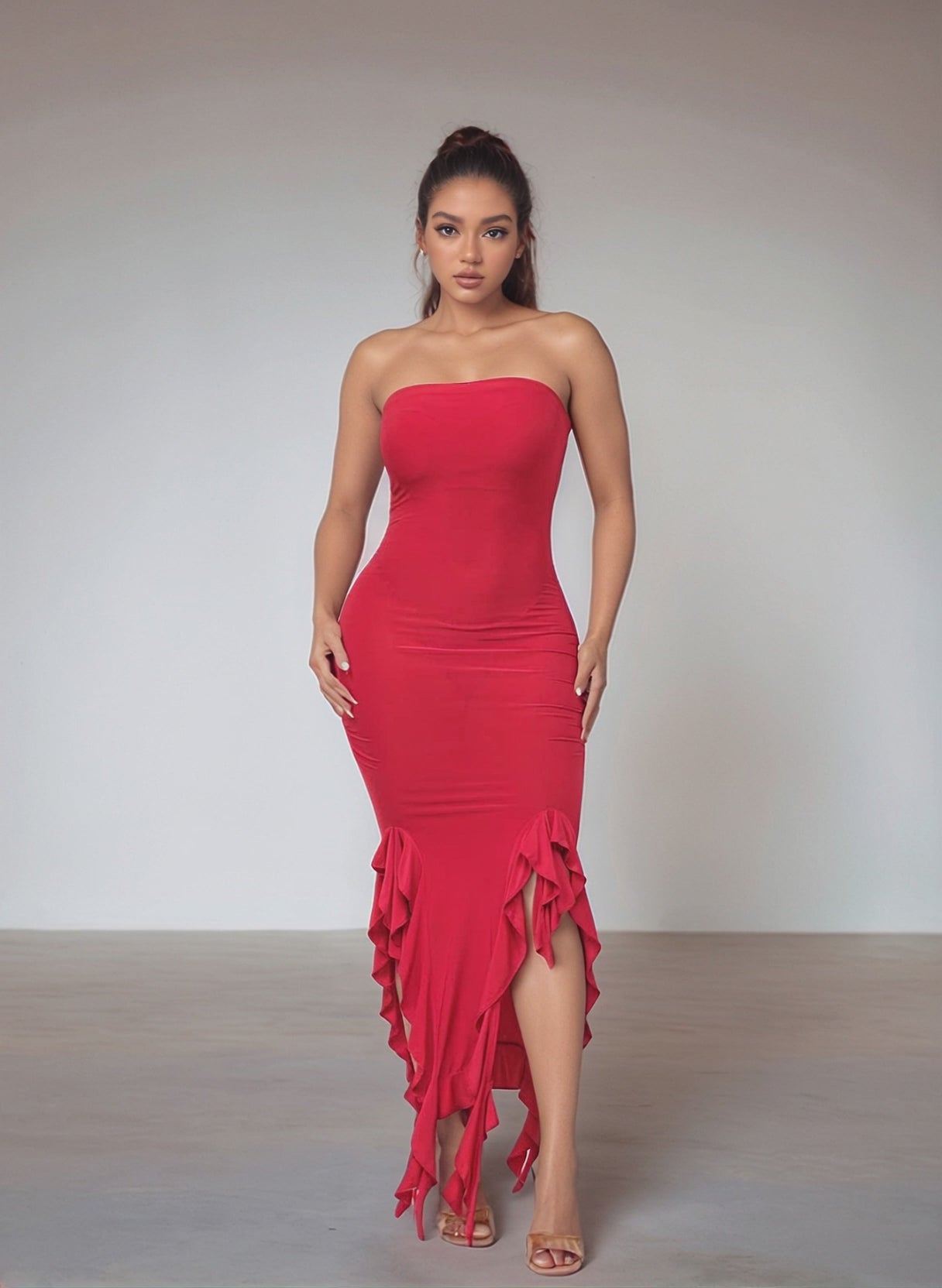 Charmed Slinky Strapless Bandeau Ruffle Hem Bodycon Midi Dress