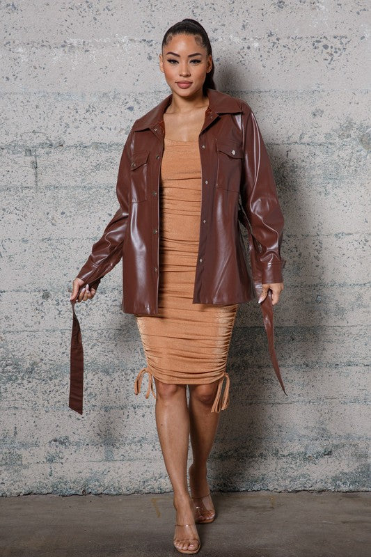 Chic Factor Longline Faux Leather Belted Jacket
