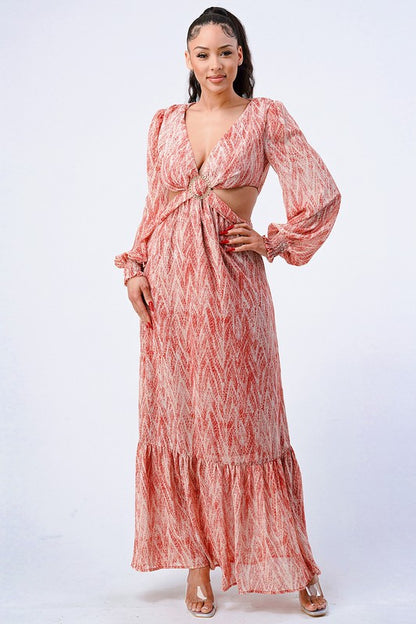 Summer Beauty Bell Sleeves Side Cut Out Floral Maxi Dress