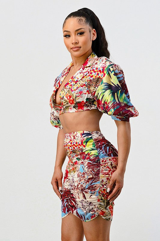 Cartagena Floral Print Crop Top And Skirt Set