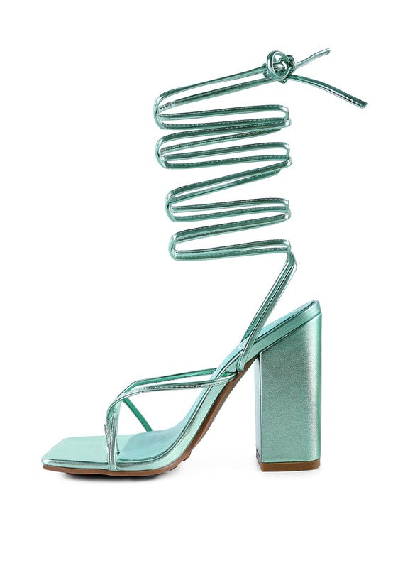 Square Toe Metallic Lace Up High Heels