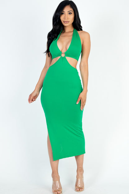 Casual Luxe Halter Neck Cut Out Split Thigh Midi Dress